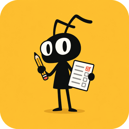 ExamKeeda ant holding a pencil and an answer sheet